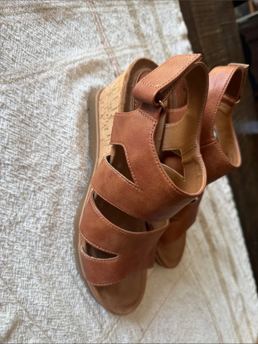 Women’s Tan Strappy Comfort Sandals with Cork Wedge